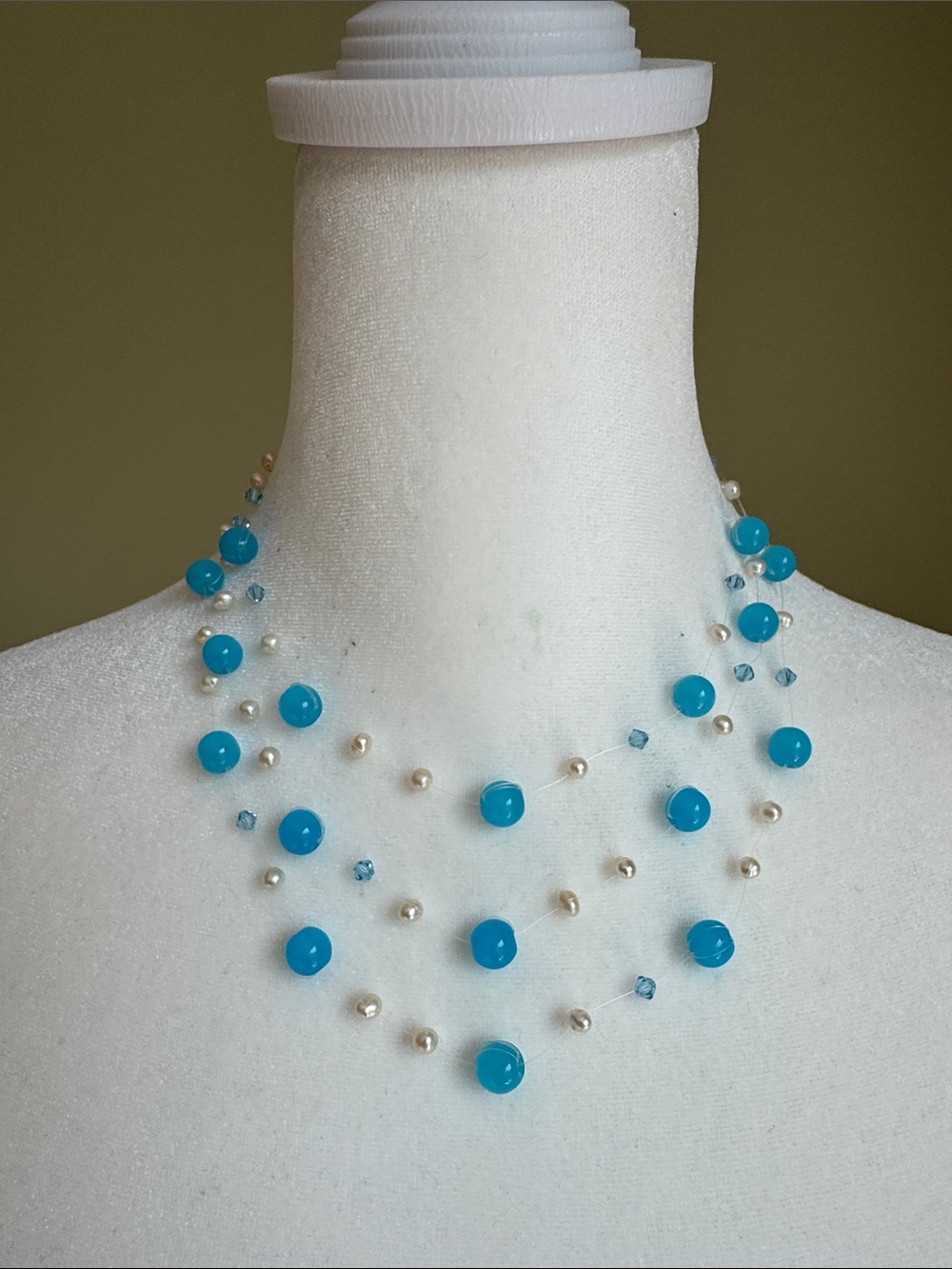 Hand Made - Blue Beaded Pearl and Crystal Station Necklace